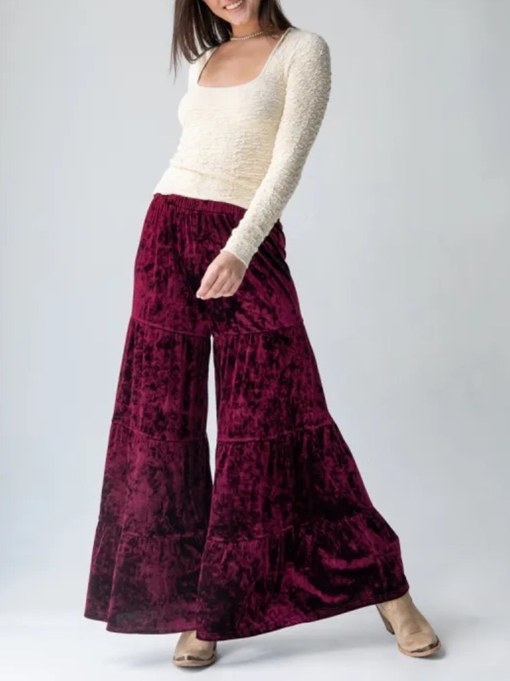 Natural Life Crushed Stretch Velvet Patti Boho Pull On Wide Leg Palazzo Pant XL